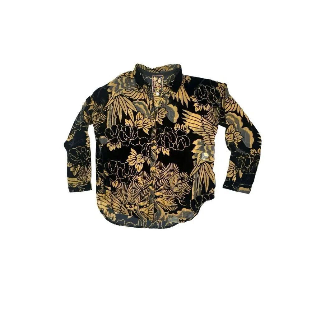 Johnny Was sheer Blouse Women Small Oversized Black Gold Velvet Trim Boho
